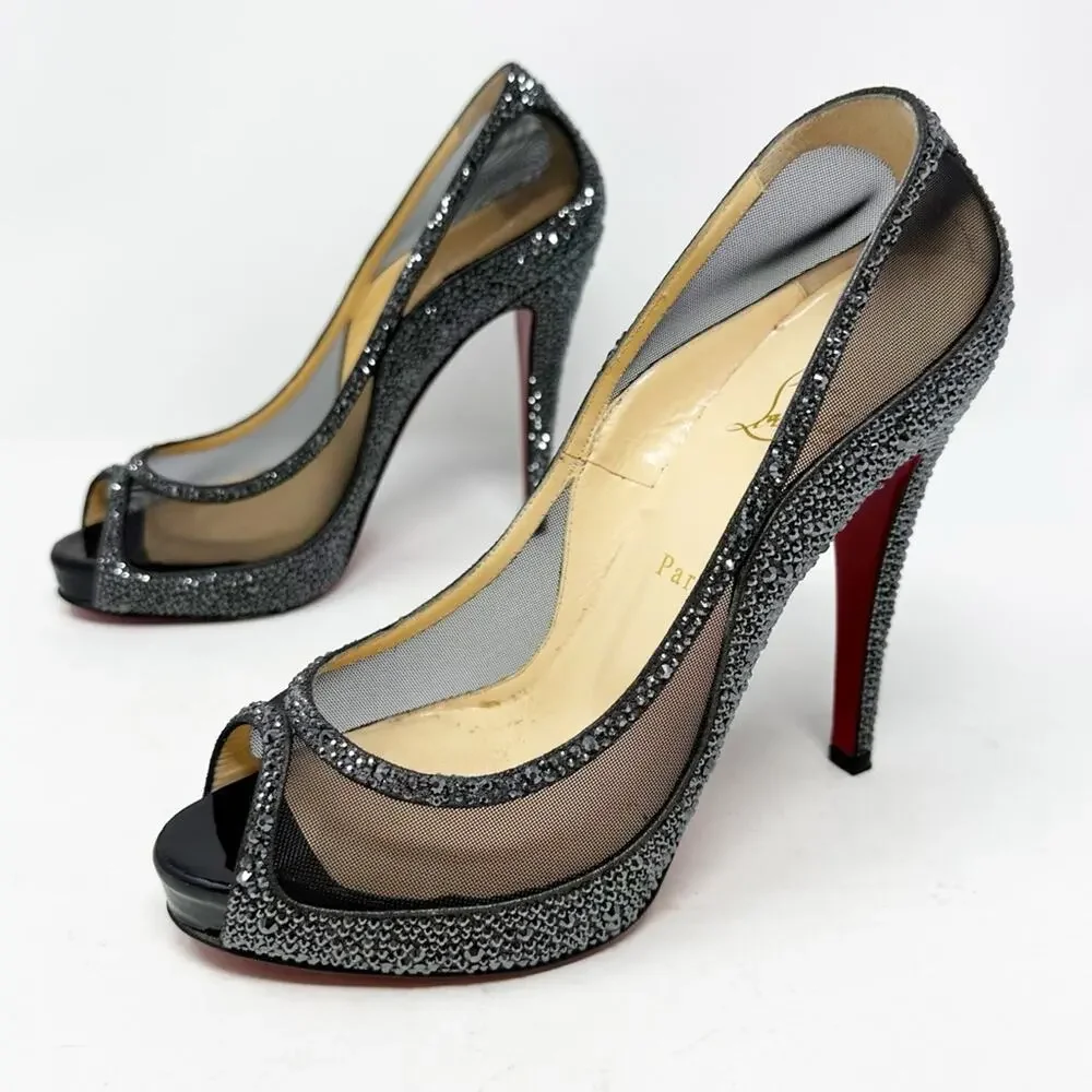 Christian Louboutin Camilla Strass Peep Toe Heels Womens Size EU 39.5